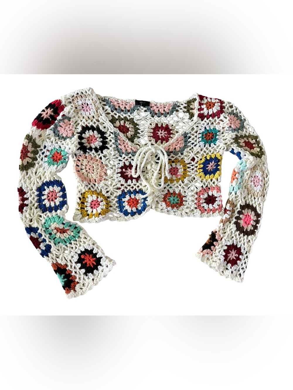 Debut Crochet Granny Square Pullover Tie Front Boho Sweater S/M